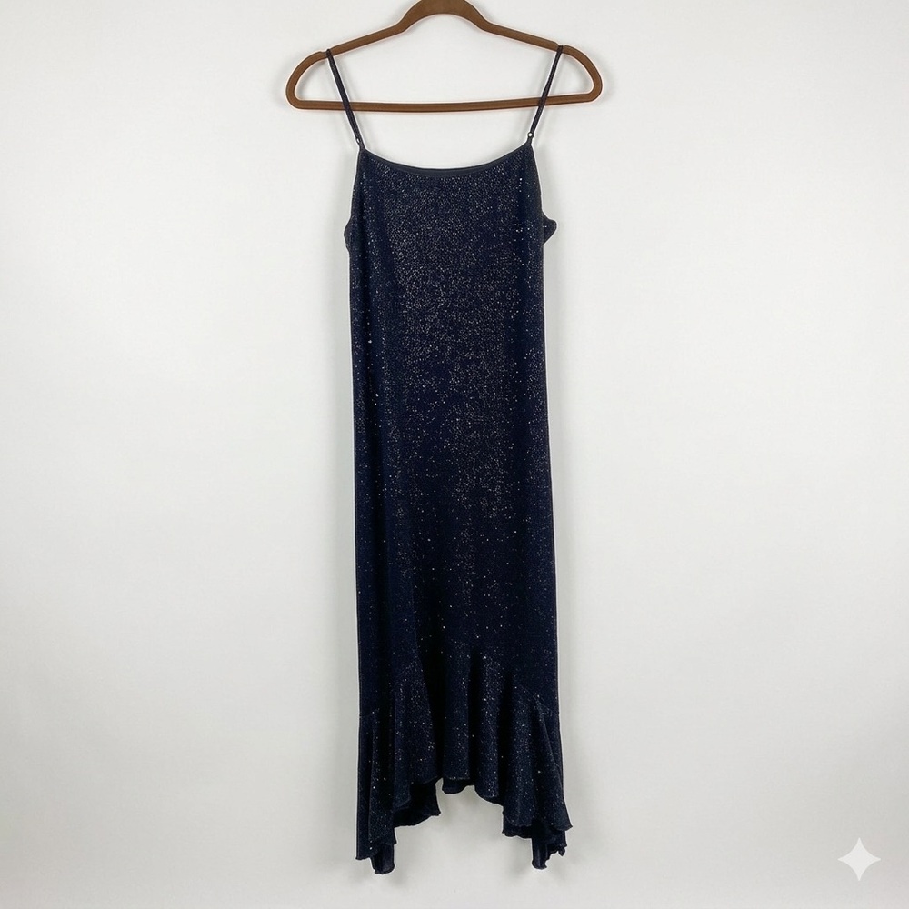 Vtg 90s Jodi Kristopher Glitter Sparkle Ruffle Hem Midi Slip Dress Black Large